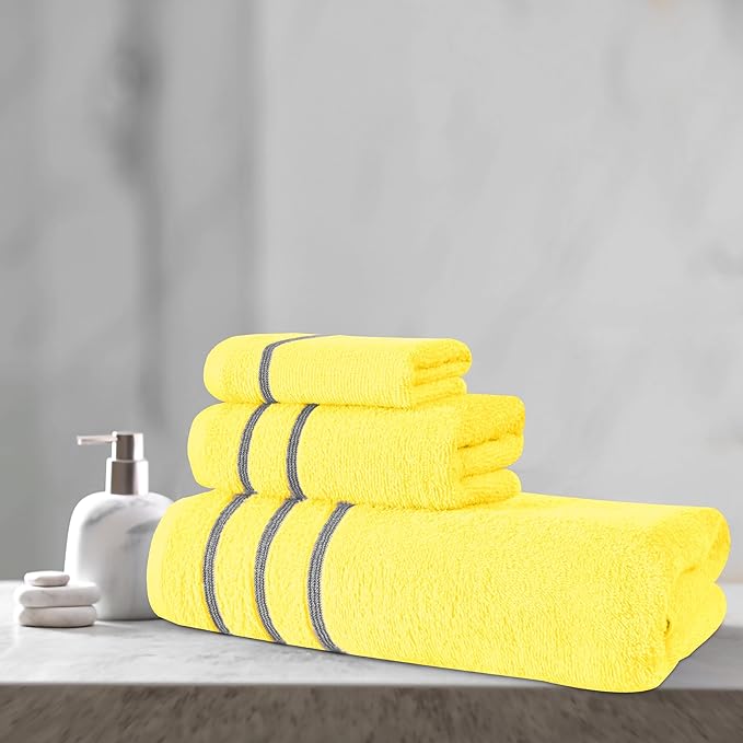 MyOwn Ultra Soft 3 Pack Cotton Towel Set, Contains a Bath Towel 28x55 inch, a Hand Towel 16x24 inch & Wash Coth 12x12 inch, Ideal Everyday use, Compact & Lightweight - Lime Yellow, 71671