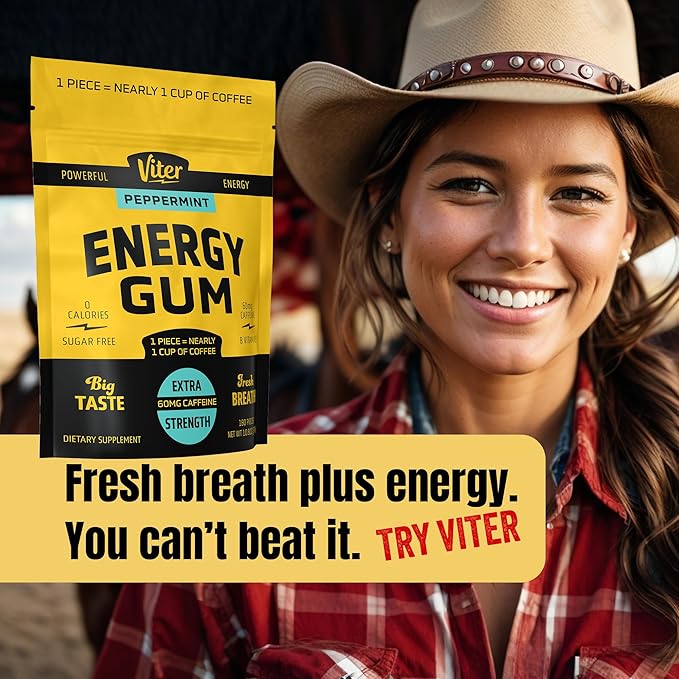Viter Energy 60mg Caffeine Gum (Peppermint Flavor, 180 Pieces) - Sugar Free, Vitamin B3, B6, B9, B12, Zero Calories, Caffeinated Energy Chews, Nootropic Focus Supplement for Men & Women