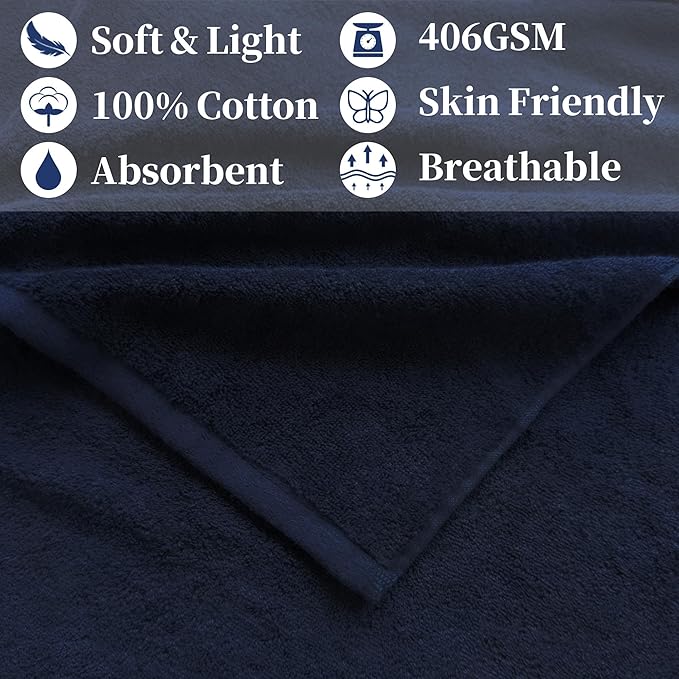 VOOVA & MOVAS Workout Towels for Gym (2PC, 15"x40") - 100% Cotton, Breathable, Soft & Absorb, Sweat Towel for Men & Women, Sports Hand Towel for Yoga, Shower, Tennis, Running, Exercise & Fitness,Navy
