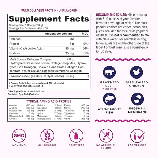 Multi Collagen Peptides Powder for Women - Hydrolyzed Unflavored Collagen Powder for Women with Types I II III V & X Plus Vitamin C & Hyaluronic Acid for Beautiful Hair Skin and Nails - 30 Servings