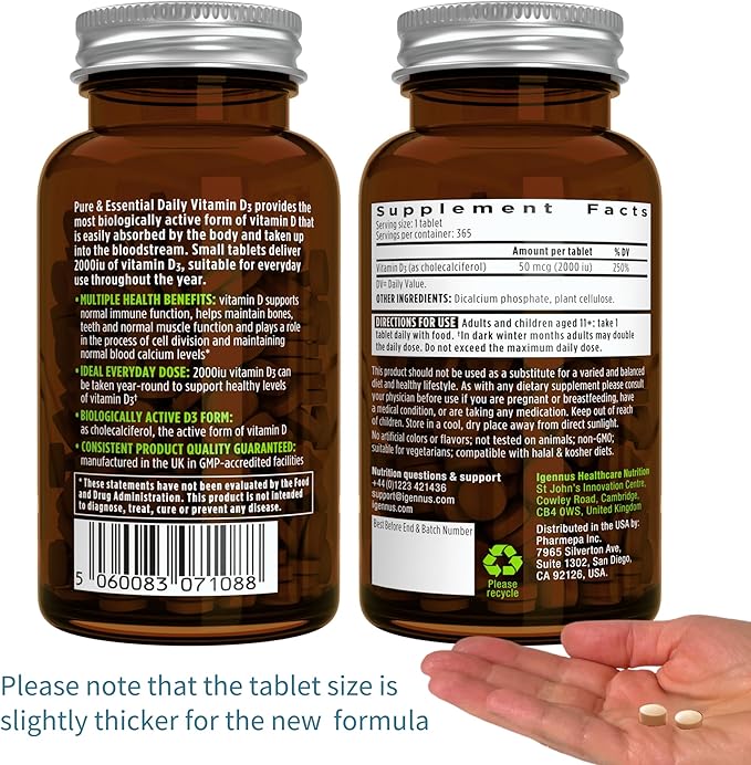 Daily Vitamin D3 2000iu, 50 mcg, Clean Label, 365 Small Tablets, 1-Year Supply, Vegetarian Cholecalciferol Vitamin D Supplement, Pure and Essential by Igennus