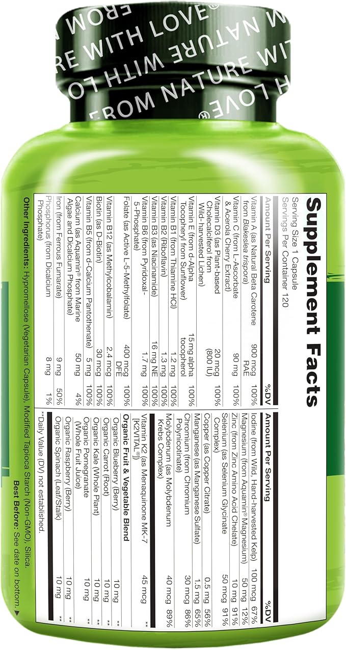 NATURELO One Daily Multivitamin for Women - Energy Support - Whole Food Supplement to Nourish Hair, Skin, Nails - Non-GMO - No Soy - Gluten Free - 120 Capsules - 4 Month Supply