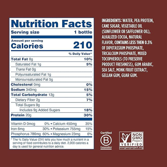 Ripple Vegan Protein Shake | Chocolate | 20g Nutritious Plant Based Pea Protein | Shelf Stable | No GMOs, Soy, Nut, Gluten, Lactose | 12 Oz, 12 Pack