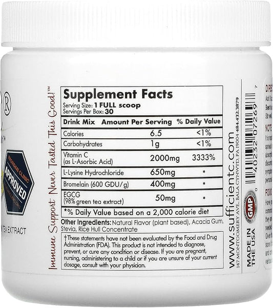 Sufficient-C High Dose Vitamin C Lemon Peach Immune-Ade Drink Mix - 125 gram Three (3) Pack