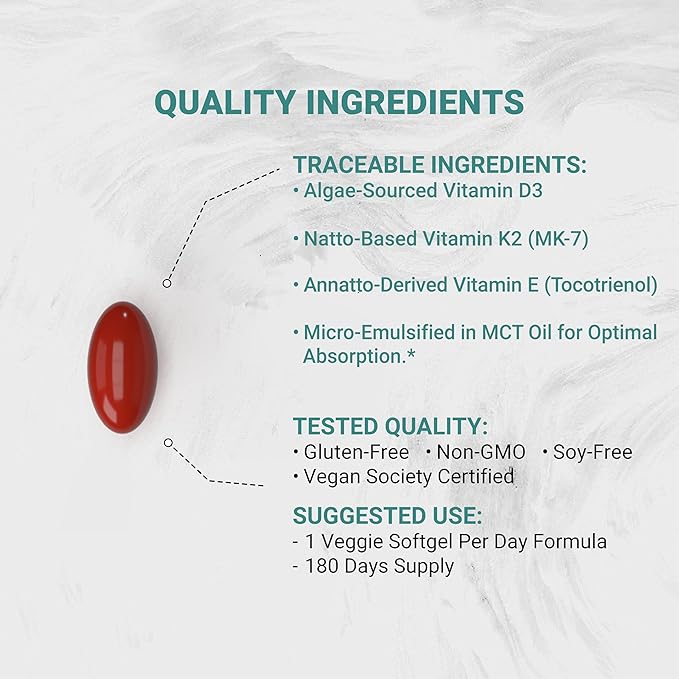 Vegan Vitamin ADK with 50mg Tocotrienol and CoQ-10 | Nano-Emulsified in EVOO for Better Absoprtion | Non-GMO, Soy Free and Vegan Society Certified | 180 Veggie Softgels (Carrageenan Free)