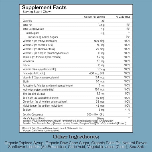CHEWSY - Men's Multivitamin Chews - Immune and Energy Support, Vitamin A, B12, C, D3, E, Folic Acid, Probiotics, Zinc - 30-Day Supply