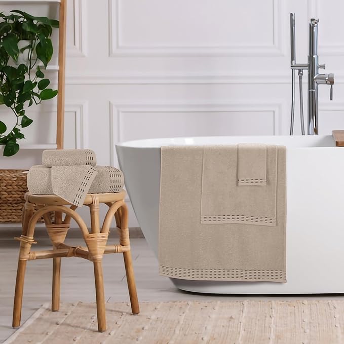 Ultra Soft 6 Pack Cotton Towel Set, Contains 2 Bath Towels 28x55 inch, 2 Hand Towels 16x24 inch & 2 Wash Coths 12x12 inch, Ideal Everyday use, Compact & Lightweight - Tan