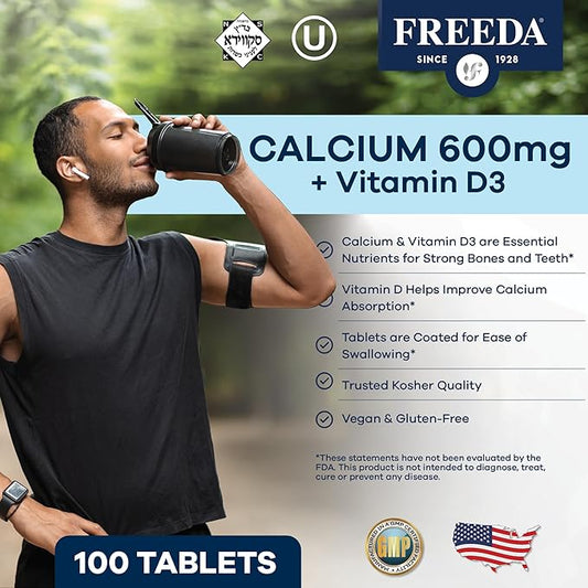 FREEDA Calcium 600 mg with Vitamin D3 400 IU – Essential Bone Support Supplement – Kosher, Gluten-Free, Easy-to-Swallow Coated Tablets for Women & Men (100 Ct)