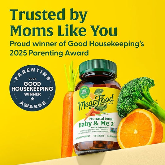 MegaFood Baby & Me 2 Prenatal Vitamin and Minerals - Vitamins for Women - with Folate (Folic Acid Natural Form), Choline, Iron, Iodine, and Vitamin C, Vitamin D and more - 120 Tabs (60 Servings)