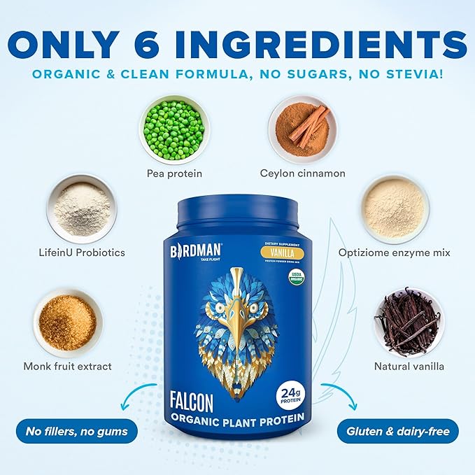 BIRDMAN Falcon Vegan Protein Powder Organic, Stevia & Sugar Free, Plant Based Protein, Low Carb, Dairy Free, Keto, Non Whey Protein, Probiotic, Pea Protein | Vanilla Flavor - 37 Servings - 2.64lb