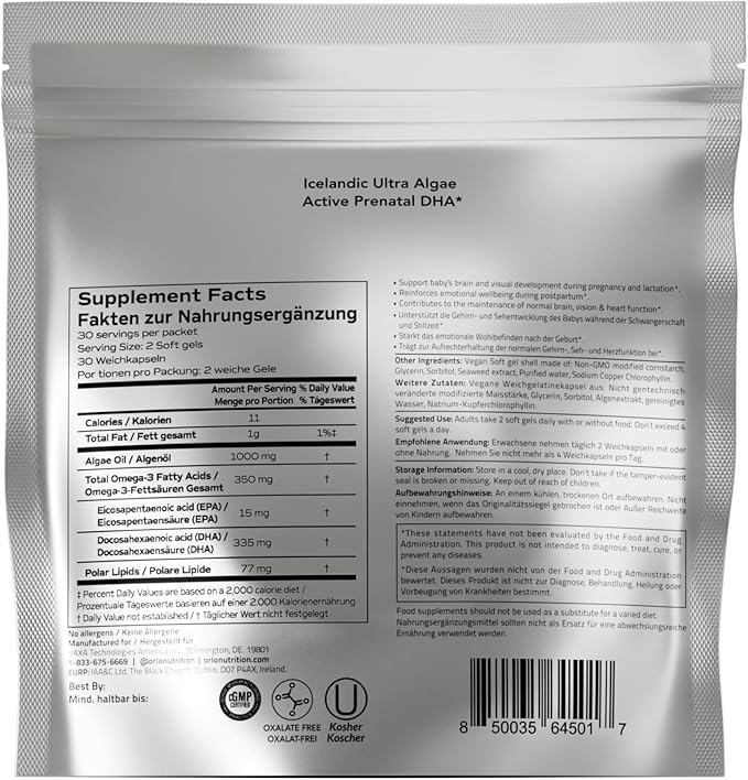 Orlo PRENATAL DHA - Prenatal DHA Omega 3 Supplement - Triple Strength Omega3s - Vegan DHA & EPA Algae Omega-3 Oil - Supports Brain Development During Pregnancy & Lactation (60 Mini Softgels Kit)