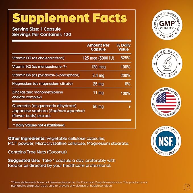Sandhu's Vitamin D3 K2 Magnesium 5000 IU, 120mcg K2 Capsules 120 Count (Pack of 2) | with VIT B6, Zinc & Quercetin | D3K2 Supports Superior Absorption, Energy, Immune, Muscle Health for Men & Women