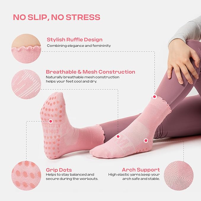 CoolMate 2/3/4 Pairs Pilates Socks with Grips for Women, Cute Yoga Socks, Crew Non Slip Women for Barre, Pilates Gifts