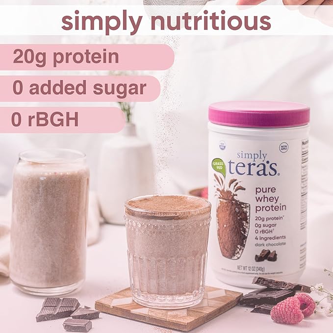 Simply tera's Pure Whey Protein Powder - Dark Chocolate Clean Whey Protein Powder, Made Without Artificial Sweeteners, Clean Label, Non-GMO, Kosher, rBGH-Free - 12 Oz