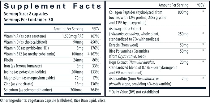 Vital Nutrients Hair Growth Vitamins Complex for Women | Hair Growth Supplement Supports Fuller, Thicker, Stronger with Keratin, Ashwagandha, Hops and Biotin | Vegan, Dairy, Gluten Free | 60 Count