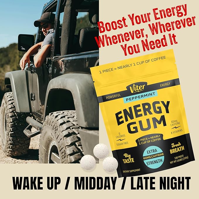 Viter Energy 60mg Caffeine Gum (Peppermint Flavor, 180 Pieces) - Sugar Free, Vitamin B3, B6, B9, B12, Zero Calories, Caffeinated Energy Chews, Nootropic Focus Supplement for Men & Women