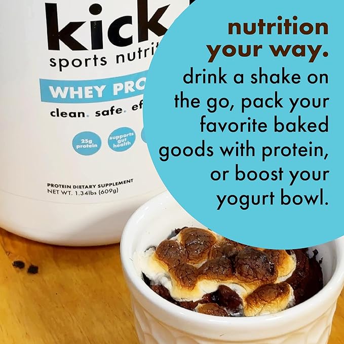 Kick Whey Protein Powder, Chocolate Flavor, 25 G Protein Gluten Free Workout Supplement with Amino Acids to Support Fitness Goals & Gut Health, No Added Sugar, No Artificial Flavor, 16 Servings