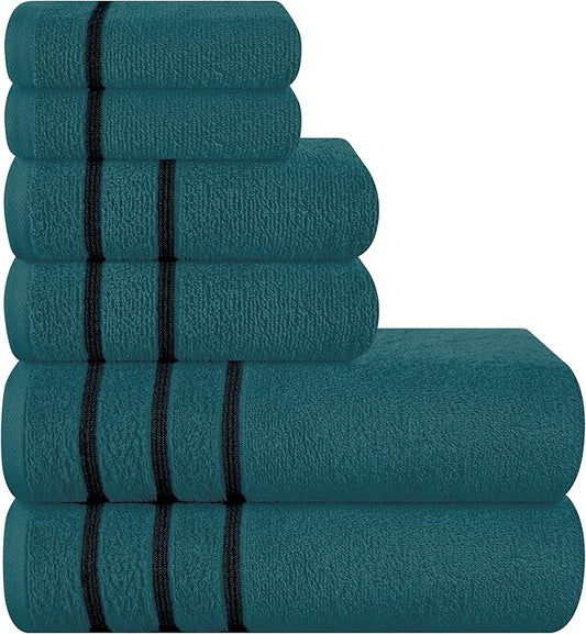 MyOwn Ultra Soft 6 Pack Cotton Towel Set, Contains 2 Bath Towels 28x55 inch, 2 Hand Towels 16x24 inch & 2 Wash Coths 12x12 inch, Ideal Everyday use, Compact & Lightweight - Teal, 71658