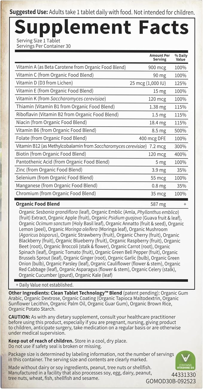 Garden of Life Once Daily Whole Food Multivitamin for Men, Organic Mens Vitamins & Minerals, Vitamin C, Zinc, Vegan, for Health & Well-Being, 30 Tablets