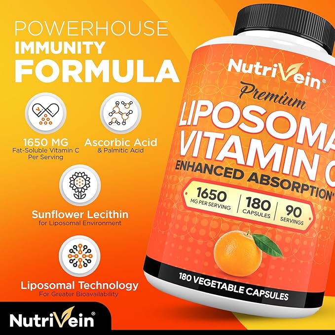 Nutrivein Premium Liposomal Vitamin C Supplement 1650mg - 180 Caps: High-Absorption Vitamin C Capsules for Whole-Body & Overall Well-Being