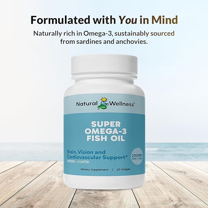 Natural Wellness Super Omega-3 Fish Oil – 600mg EPA & 400mg DHA – High Potency Omega 3 Fish Oil Supplement for Heart, Brain, Joint & Immune Health – Purified, Enteric-Coated Softgels, 60 Count