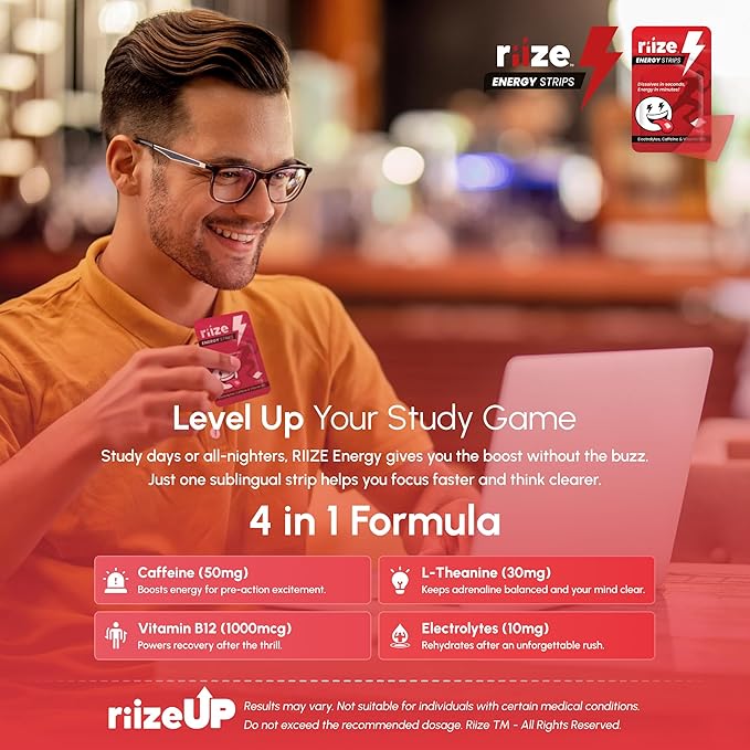 Riize Energy Strips, Fast Acting with 50mg Caffeine, L-Theanine, Vitamin B12, Electrolytes, Natural Flavors, Vegan, Instant Boost Oral Supplement (30 Count Pack)