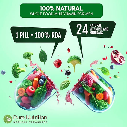 Pure Nutrition Whole Food Multivitamins for Men | 90 Tabs | One-A-Day | 100% RDA | 24 Natural Vitamins and Minerals | All Natural Plant Based Men's Multivitamin | 3 Months Supply
