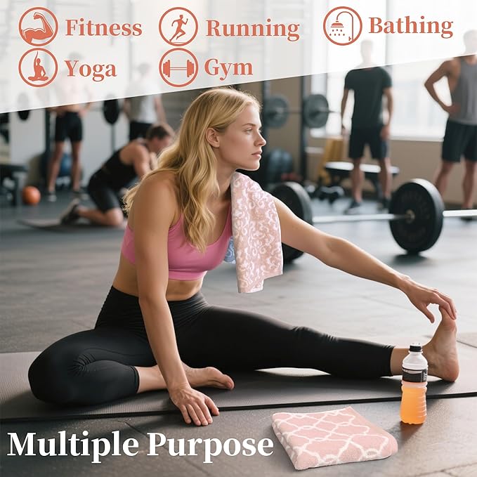 Workout Towels for Gym - 100% Cotton, Breathable, Soft & Absorb - Sweat Towel for Men & Women, Sports Hand Towel for Yoga, Shower, Tennis, Running, Exercise & Fitness, Pink Damask and Checkered
