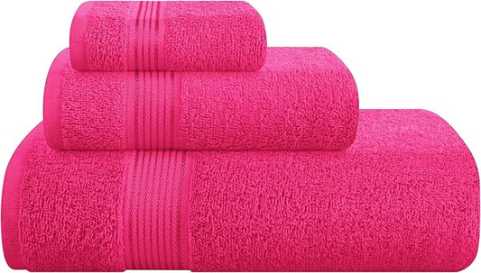 Belizzi Home Ultra Soft 3 Pack Cotton Towel Set, Contains a Bath Towel 28x55 inch, a Hand Towel 16x24 inch & a Wash Coth 12x12 inch, Ideal Everyday use, Compact & Lightweight - Hot Pink