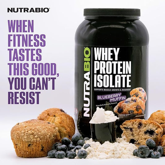 NutraBio 100% Whey Protein Isolate Protein Powder, 25g Protein with Complete Amino Acid Profile, Non-GMO, Soy & Gluten Free, Low Carb, Low Calorie Whey Protein Powder, Blueberry Muffin, 2 Lbs