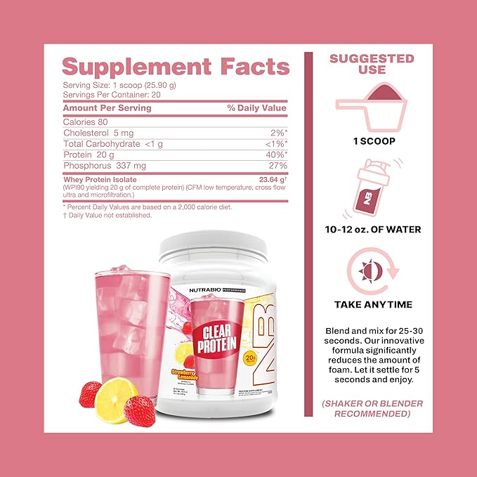 NutraBio Clear Protein Powder, Strawberry Lemonade - 20 Servings, 20g Clear Whey Protein Isolate, 0 Sugar, 0g Lactose, Refreshing Fruit Flavors, GLP1 Support -Bone Health -Muscle Post Workout Recovery