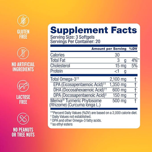 Oceanblue 2100 Triple Strength Omega 3 Fish Oil with Turmeric | Burpless Omega 3 Combo Supplement with Curcumin EPA DHA DPA| Heart and Joint Support | 60 Softgels