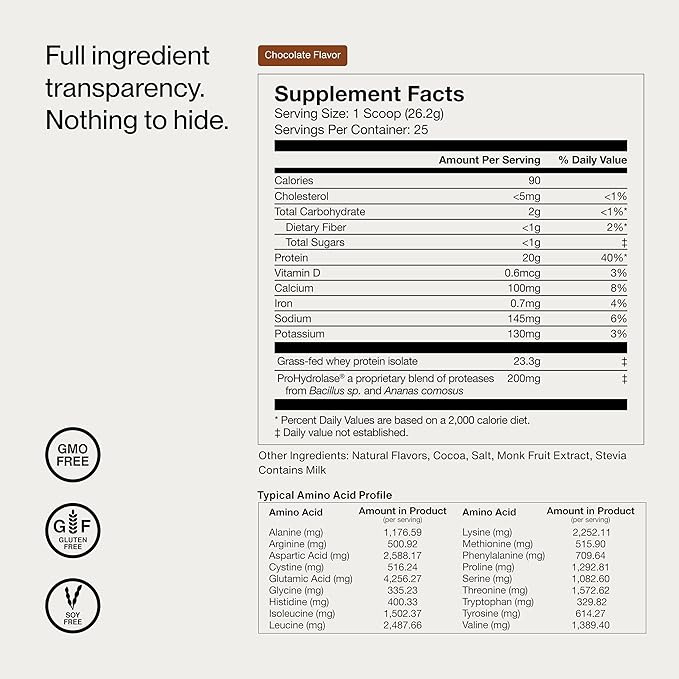 Momentous Essential Grass-Fed Whey Protein Powder - 655 g Whey Isolate Protein - NSF Certified for Sport - Gluten-Free - 25 Servings for Everyday Use - Chocolate - Package May Vary