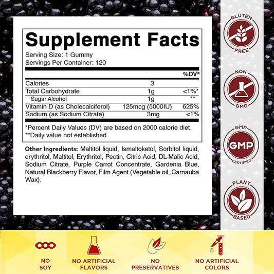 Vitamatic Sugar Free Vitamin D3 5000 IU - 120 Gummies - Great Taste - Healthy Bones, Mood & Immune System Function - Non-GMO - 120 Servings (5000 IU)