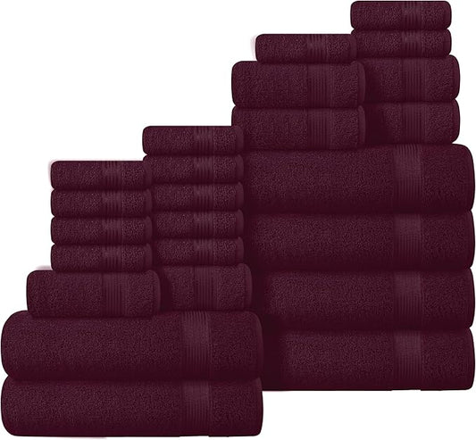 Belizzi Home 100% Cotton Towel Set, Contains 6 Soft Bath Towel, 6 Hand Towels, 12 Wash Cloths - Compact Absorbent Lightweight & Quickdry Towels for Bathroom - 24 Piece Bathroom Towel Set - Burgundy