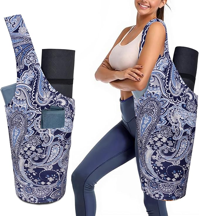 Yoga Mat Bag Carrier for Women with Side Large Pocket Durable Linen Workout Gym Travel Storage Pilates Mats