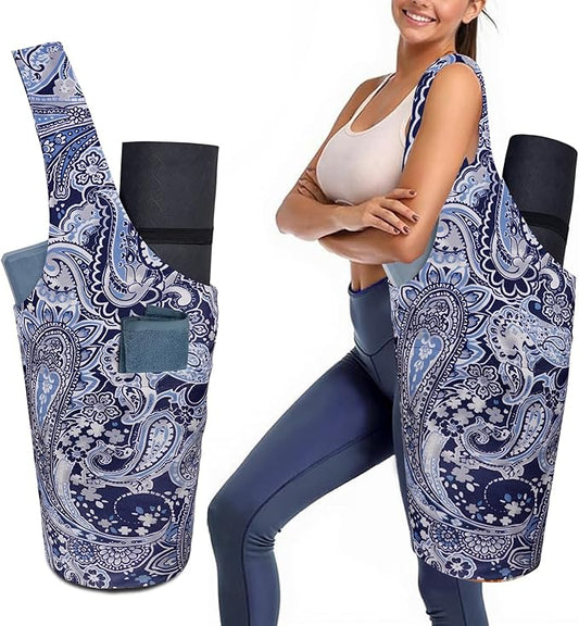 Yoga Mat Bag Carrier for Women with Side Large Pocket Durable Linen Workout Gym Travel Storage Pilates Mats