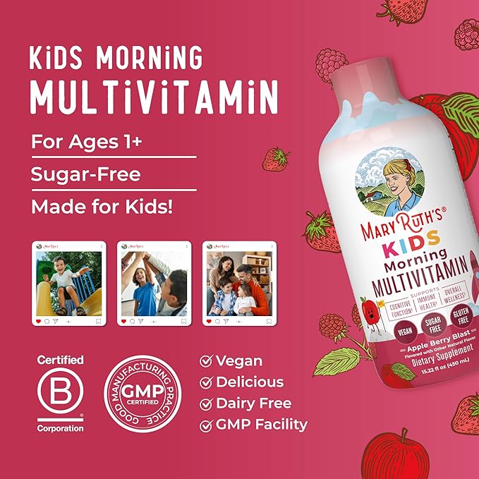 Kids Liquid Morning Multivitamin by MaryRuth's | Kids Multivitamin | Immune Support Supplement | Multivitamin for Kids | Vitamin C | Vitamin D | Essential Nutrients | Vegan | 15.22 fl oz