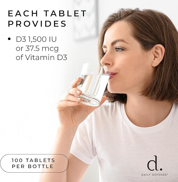 Immune Defense Supplements Vitamin D3 1500 IU for Heart Health, Daily Immune Support, Mental Clarity, & Muscle Function - 100 Vitamin D Tablets (D3 1500 IU)