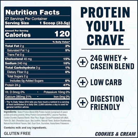 PEScience Select Protein Powder, Whey and Casein Blend, Clean Protein Powder for Women and Men, Low Calorie, Low Carb, Keto Friendly, Gluten Free - Cookies and Cream - 27 Servings