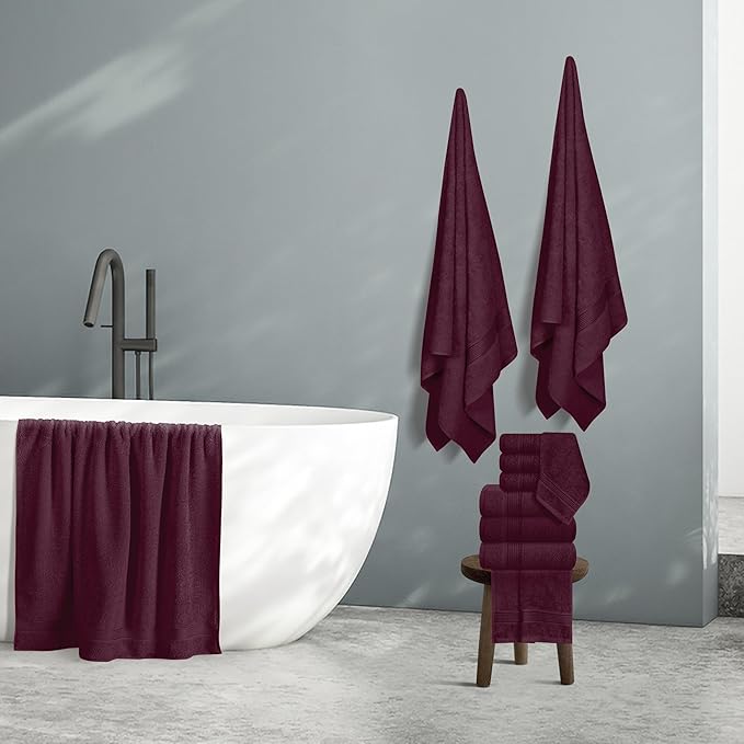 Belizzi Home 100% Cotton Towel Set, Contains 6 Soft Bath Towel, 6 Hand Towels, 12 Wash Cloths - Compact Absorbent Lightweight & Quickdry Towels for Bathroom - 24 Piece Bathroom Towel Set - Burgundy