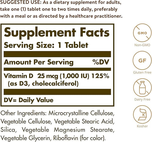 Solgar Vitamin D3 (Cholecalciferol) 25 mcg (1000 IU) – 180 Tablets - Helps Maintain Healthy Bones & Teeth - Immune System Support - Non-GMO, Gluten Free, Dairy Free, Kosher - 180 Servings
