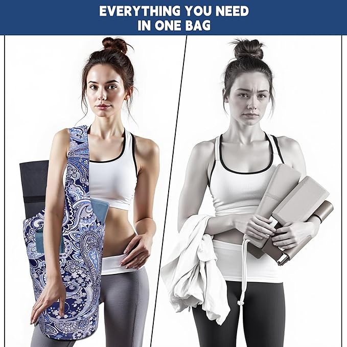 Yoga Mat Bag Carrier for Women with Side Large Pocket Durable Linen Workout Gym Travel Storage Pilates Mats