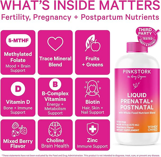 Pink Stork Liquid Prenatal Vitamins for Women - Berry Flavor - Organic Food Blend - for Fertility, Pregnancy, Postpartum- Morning Sickness Support - Breastfeeding and Lactation - 32 Servings