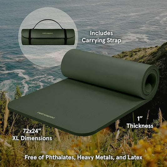 Retrospec Solana Yoga Mat 1" Thick With Nylon Strap For Men & Women - Non Slip Exercise Mat For Home Yoga, Pilates, Stretching, Floor & Fitness Workouts