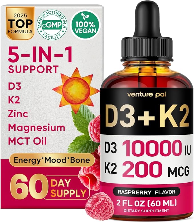 Venture Pal 5-in-1 Vitamin D3 10000 IU & K2 as MK-7 200mcg with Magnesium, MCT Oil, Zinc, Sugar-Free Vitamin D Liquid |Maximum Absorption for Bone, Mood & Immune Health - 2 FL OZ, 60 Days