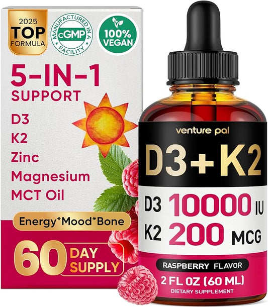 Venture Pal 5-in-1 Vitamin D3 10000 IU & K2 as MK-7 200mcg with Magnesium, MCT Oil, Zinc, Sugar-Free Vitamin D Liquid |Maximum Absorption for Bone, Mood & Immune Health - 2 FL OZ, 60 Days
