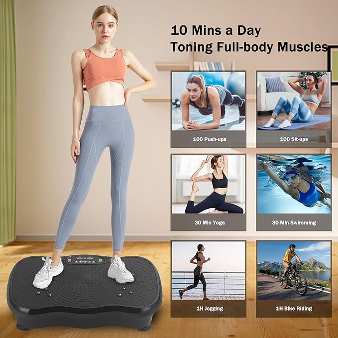 Whole Body Vibration Plate Exercise Machine – Power Vibrating Plate for Lymphatic Drainage Weight Loss, Shake Plate Exercise Platform with Touch Screen & Resistance Bands, Equipment for Women Men