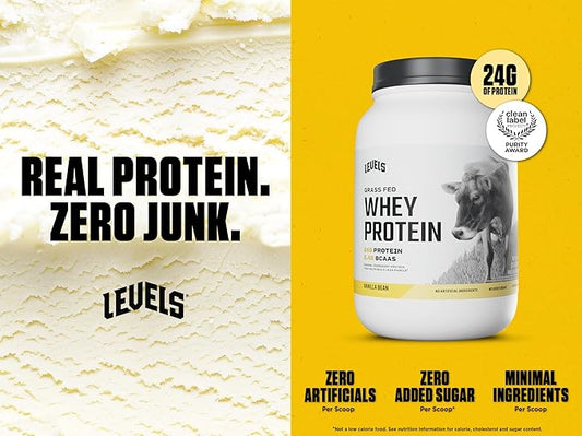 Levels Grass Fed Whey Protein Powder, No Artificials, 24G of Protein, Vanilla Bean, 2LB