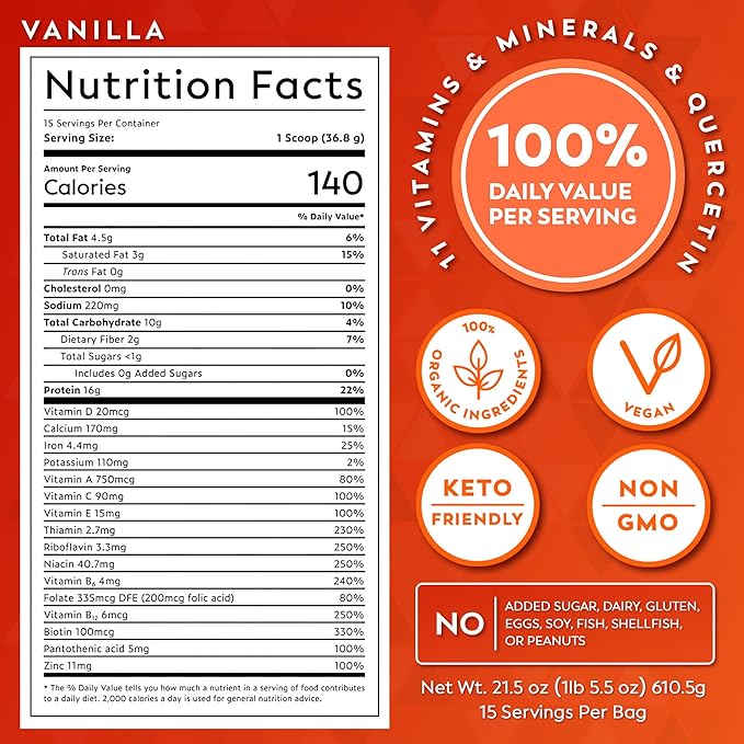 Veeg All-in-One Protein Smoothie Powder - Plant Based Protein Powder, Vegan Collagen, Superfoods, Organic Greens, MCT Powder, Probiotics, Multivitamin, Sugar-Free, 15 Servings (Vanilla)